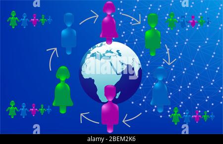 color full kids are playing around the globe on abstract blue background Stock Vector