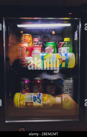 Ufa, Russia, Soda Shop, 3 July, 2019: Grocery store shelf with various brands of soda in cans. Pepsi Co is one of the largest corporations in the non- Stock Photo