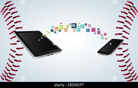 data transfer from one electronic device to another on base ball texture background Stock Vector