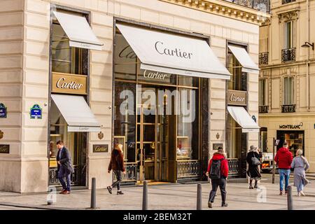 Luxury goods shop Cartier on the Champs Elysees, Paris, France. February 2020. Stock Photo