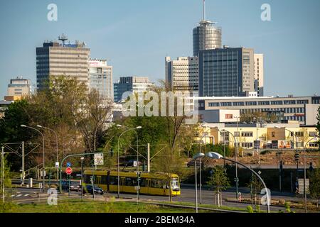 Skyline of downtown Essen, Altendorfer Strasse, tram, Ruhrbahn, Essen, Germany, Stock Photo