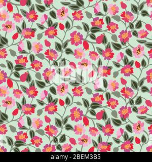 pink dog roses flowers seamless vector pattern Stock Vector
