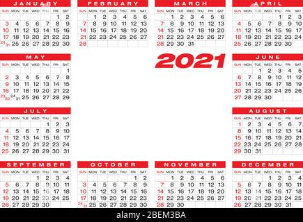 Calendar for year 2021, in vector format. Stock Vector