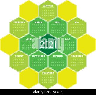 Green Calendar for year 2021 in an hexagonal pattern. In vector format. Stock Vector