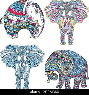 vector set of hand-drawn color tattoo doodles with decorated Indian Elephant Stock Vector