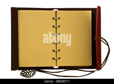 Top view image of open notebook with blank pages isolated on a white background, ready for adding text or mockup Stock Photo