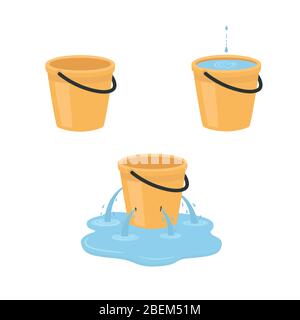 Empty, full, leaking bucket. Vector illustration isolated on white background. Stock Vector