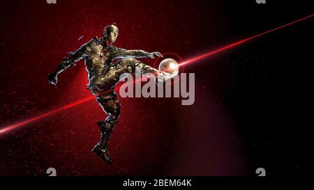 Bronze soccer player holding a jump kick. broken into small fragments against a background of sparks and flame with a golden ball. concept of epic Stock Photo