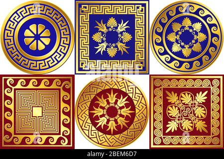 Set of Traditional vintage Golden square and round Greek ornament, Meander and floral pattern on red and blue background. Stock Vector