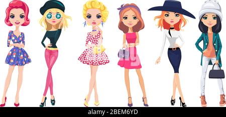 Vector set of cute beautiful girls in dresses, hats, in trendy mirrored glasses, with bags. Stock Vector