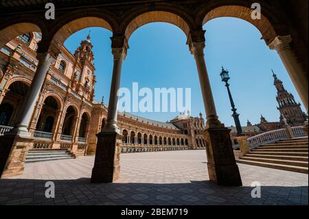 The Plaza de España in Seville, Spain seen from under arches Stock Photo