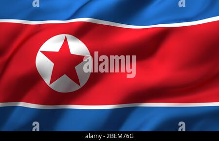 Flag of North Korea blowing in the wind. Full page North Korean flying flag. 3D illustration. Stock Photo