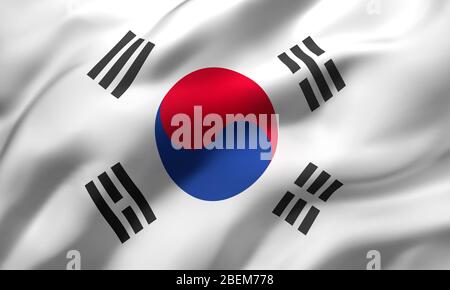 Flag of South Korea blowing in the wind. Full page South Korean flying flag. 3D illustration. Stock Photo