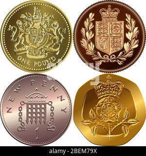 British money coins: gold one pound sterling, sovereign with coat of arms, bronze new one penny with portcullis, twenty pences with Crowned Rosa Tudor Stock Vector