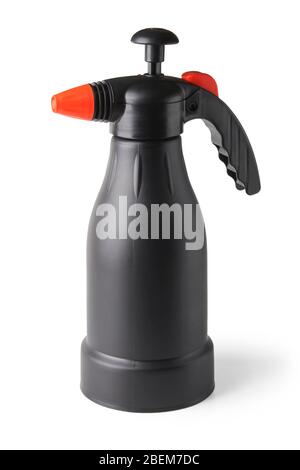 Black plastic garden sprayer for plants isolated on white Stock Photo