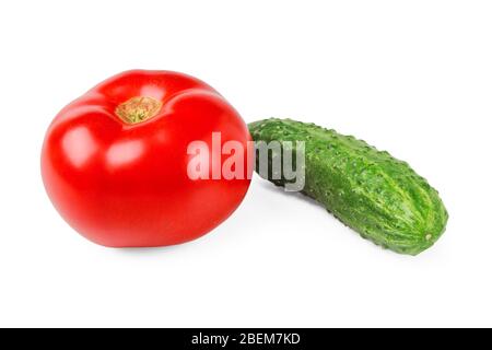 Fresh tomato and cucumber closeup isolated on white Stock Photo