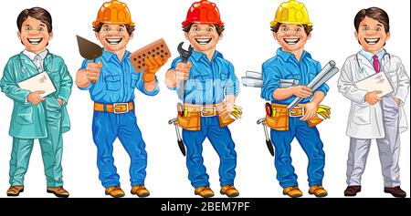 Vector set of happy doctor, veterinarian, locksmith with the adjustable spanner, mason with brick and trowel and engineer with the drawings Stock Vector