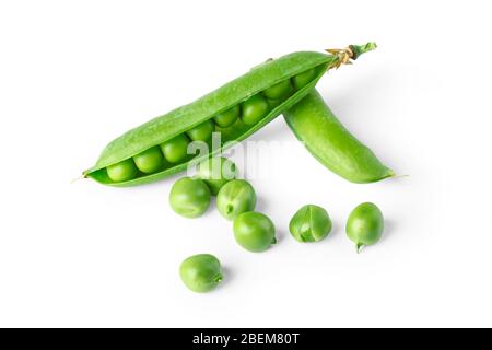 Fresh pods and grains of green peas isolated on white Stock Photo