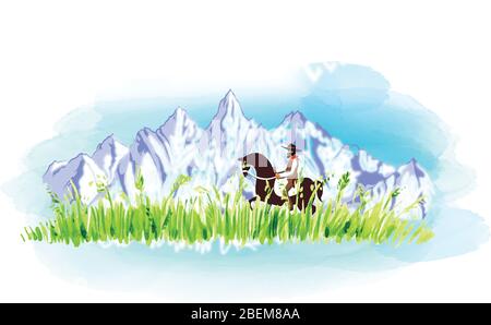 watercolor illustration of a man ridding on horse on grassy ground and mountains covered with snow Stock Vector