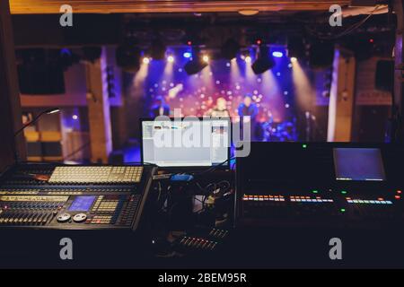 Working sound panel on the background of the concert stage Stock Photo