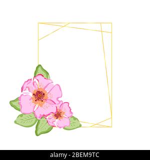 Decorated rectangular greeting card template with floral motif, dog rose flowers decoration. Isolated on white background. Vector illustration Stock Vector