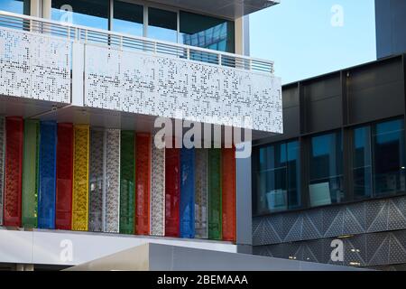 Christchurch, New Zealand - Jun 11, 2017: Brightly coloured sculpture in modern office buildings Stock Photo