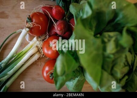 Shallow depth of field (selective focus) image with salad ingredients spring onions on a wooden cutter - spring onions, tomatoes, green salad, radishe Stock Photo
