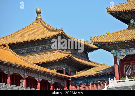 Hall of Supreme Harmony (detail of the yellow roof tiles), Forbidden City. Beijing, China Stock Photo