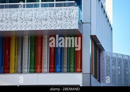 Christchurch, New Zealand - Jun 11, 2017: Brightly coloured sculpture in modern office buildings Stock Photo