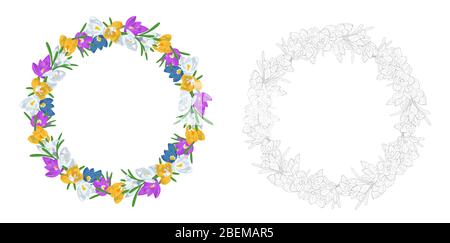 Hand drawn colorful and monochrome crocus flowers round wreaths. Floral design element. Isolated on white background. Vector illustration Stock Vector