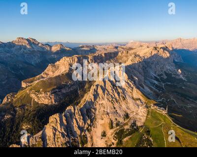 Aerial view of Pizes de Cir mountain range and Gardena Pass, Italy Stock Photo