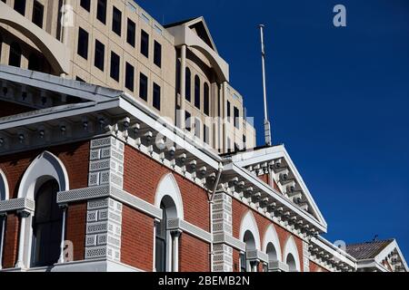 Christchurch, New Zealand - Jun 11, 2017: Old and new buildings in Christchurch with a blue sky Stock Photo