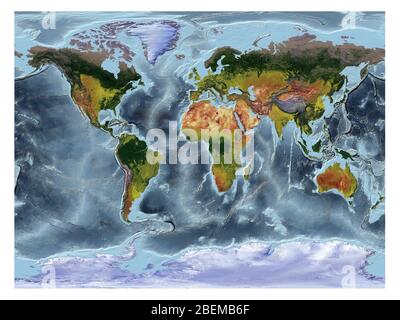World Map showing land cover and shaded relief with a natural style and a relief shading of the oceans. Gall stereographic projection. Stock Photo