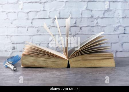 open book and a fountain pen on table against wall. Stock Photo