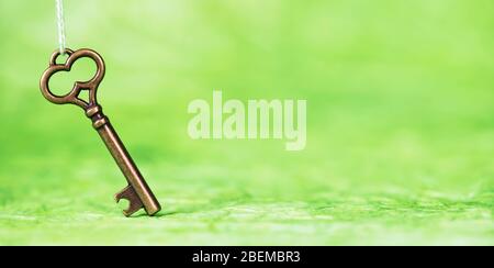 Golden key on green marbled background, possibility, success concept, web banner with copy space Stock Photo