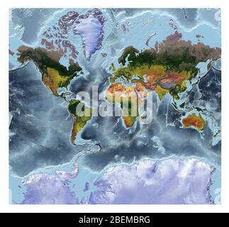 World Map showing land cover and shaded relief with a natural style and a relief shading of the oceans. Mercator projection. Stock Photo