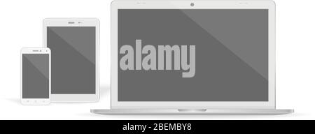 Set of realistic vector graphic computer monitor, tablet and phone on a white background. Stock Vector