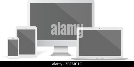 Set of realistic vector graphic computer monitor, laptop, tablet and phone on a white background. Stock Vector