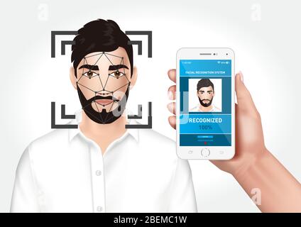 Vector graphics depicting the face recognition system integrated with the smarfon mobile application. Identification of a man's face. Stock Vector