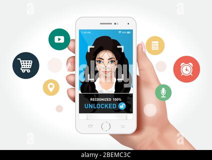 Vector graphics showing a hand holding a smartphone with face recognition system to unlock the application. Identification of a woman's face. Stock Vector