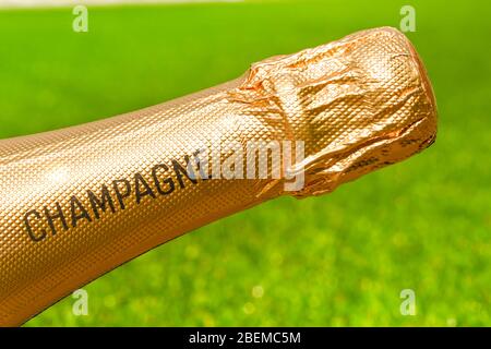 Close up view of a gold foil covered neck of an unopened bottle champagne against a plain green background. Stock Photo