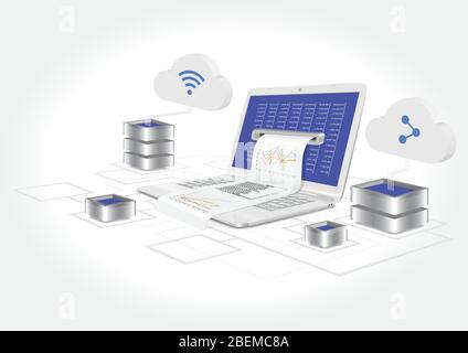 A laptop with a graph and statistics analysis. The concept of entering data analysis. 3d vector illustration. Stock Vector