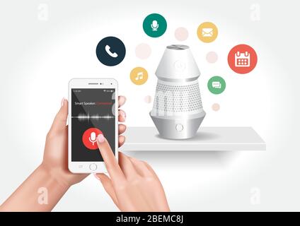 Vector design showing a smart speaker compatible with the smartphone application. Stock Vector