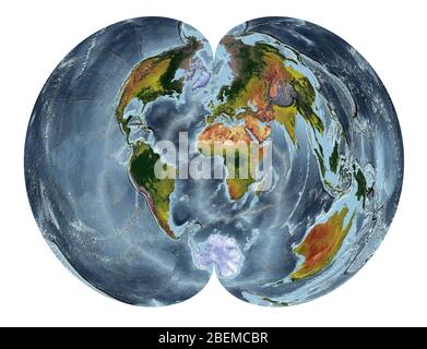 World Map showing land cover and shaded relief with a natural style and a relief shading of the oceans. Polyconic projection. Stock Photo