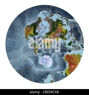 World Map showing land cover and shaded relief with a natural style and a relief shading of the oceans. Stereographic projection. Stock Photo