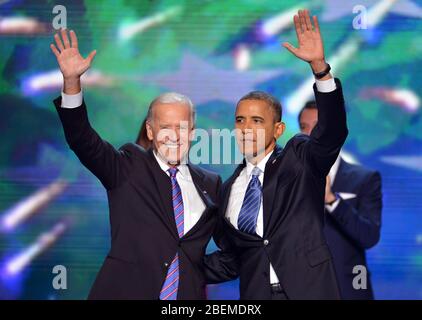 Washington, United States. 14th Apr, 2020. Former President Barack Obama waves and embraces his Vice President Joe Biden in this September 6, 2012 file photo during the Democratic National Convention in Charlotte. Former President Obama formally endorsed Joe Biden today for President in the upcoming 2020 Presidential election against current President Donald Trump, Tuesday, April 14, 2020. Photo by Kevin Dietsch/UPI Credit: UPI/Alamy Live News Stock Photo