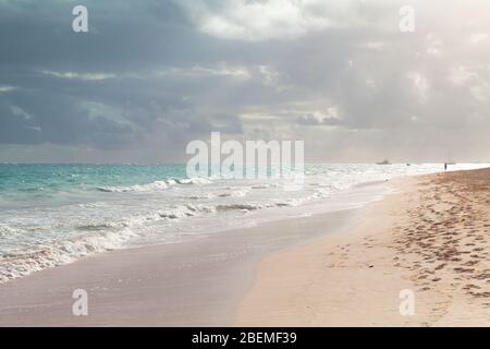 Atlantic ocean coast. Landscape with dramatic cloudy sky, Dominican republic. Punta Cana. Bavaro beach Stock Photo