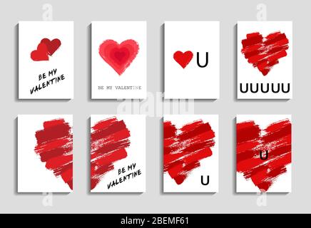 Valentine cards set. Vector painted hearts on white backgrounds Stock Vector