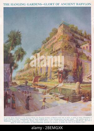 Vintage 1930s artist impression illustration of The Hanging Gardens of Babylon. Stock Photo