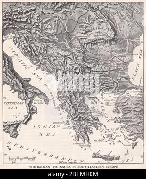 Vintage 1930s map of The Balkan Peninsula in South-Eastern Europe. Stock Photo